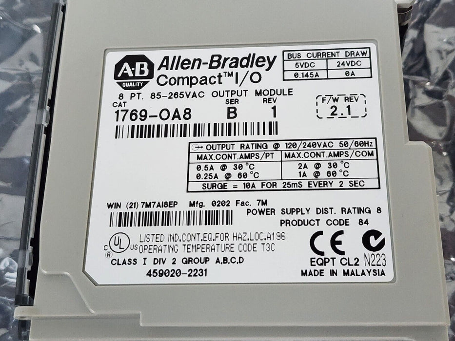 NIB ALLEN BRADLEY 1769-OA8 SER. B REV. 1 F/W REV. 2.1 COMPACT I/O MODULE 1769OA8