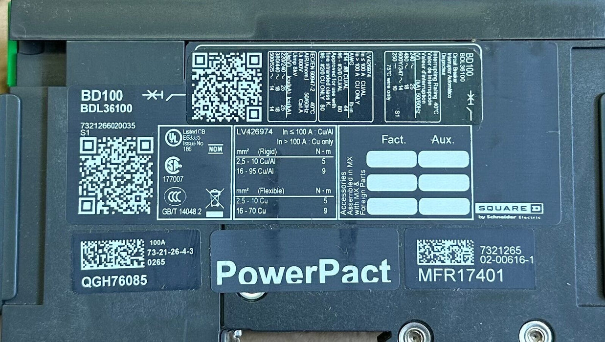 NEW SQUARE D BDL36100 PowerPact B CIRCUIT BREAKER BD100 3P 100A 18kA @ 480V