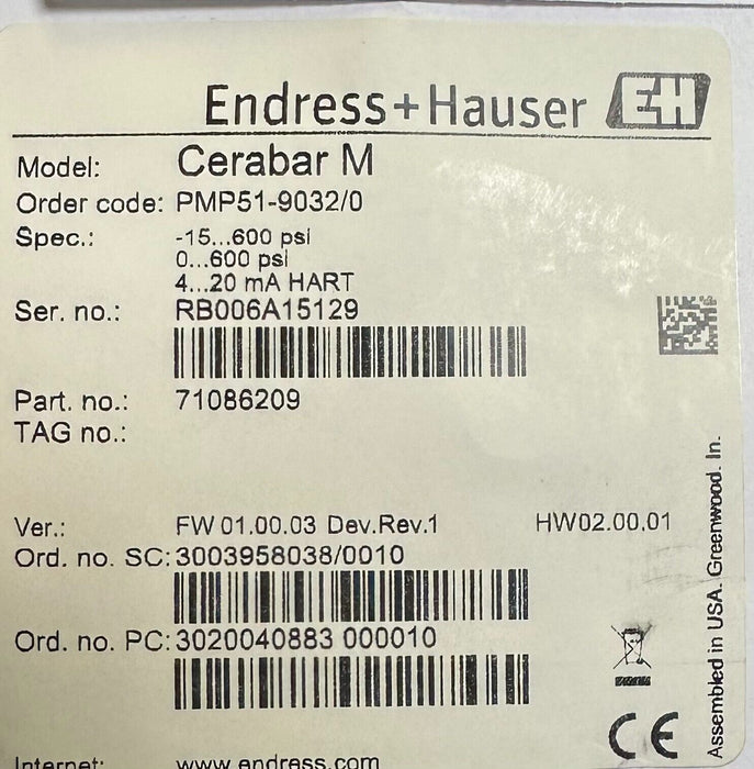 NEW ENDRESS + HAUSER PMP51-9032/0 Cerabar M HART TRANSMITTER 71316567 71086209