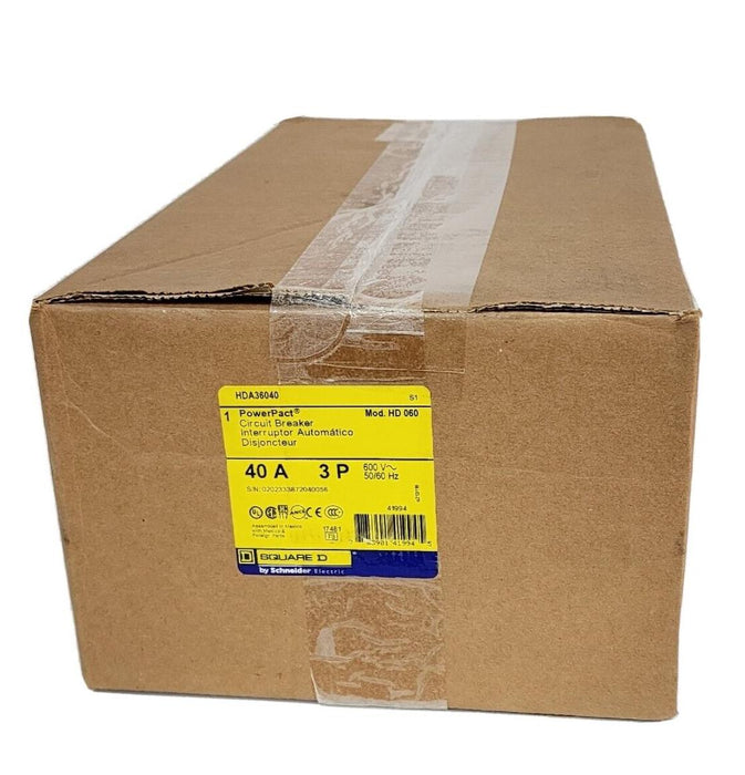 NIB SQUARE D HDA36040 PowerPact CIRCUIT BREAKER 40A 3P 600V 50/60Hz