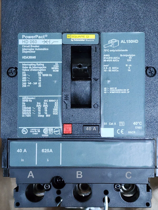 NIB SQUARE D HDA36040 PowerPact CIRCUIT BREAKER 40A 3P 600V 50/60Hz