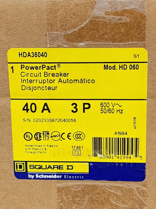 NIB SQUARE D HDA36040 PowerPact CIRCUIT BREAKER 40A 3P 600V 50/60Hz
