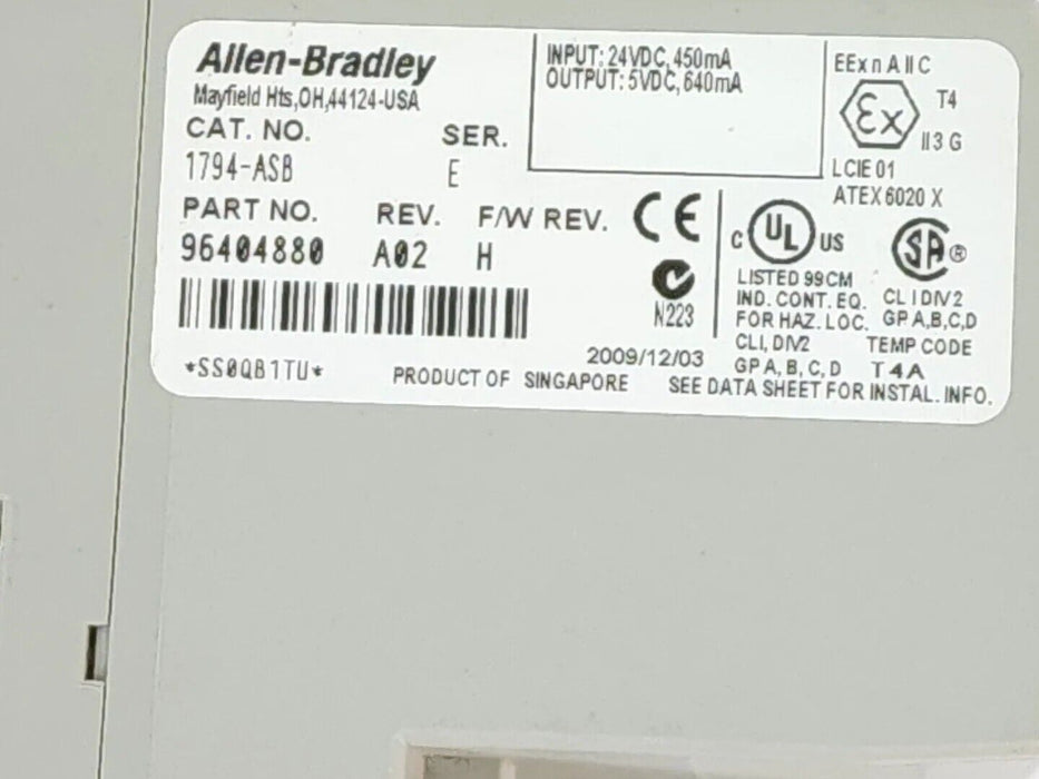 ALLEN BRADLEY 1794-ASB SER. E REV. A02 FLEX I/O 24VDC POWER SUPPLY RIO ADAPTER