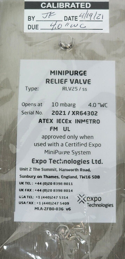 NEW EXPO TECHNOLOGIES RLV25/SS MINIPURGE RELIEF VALVE