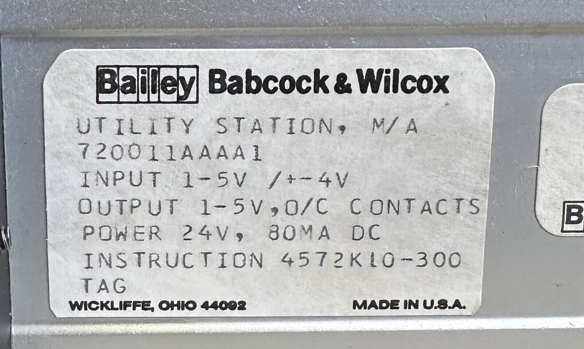 BAILEY BABCOCK & WILCOX 720011AAAA1 UTILITY STATION CONTROLLER M/A 24V 80MA DC