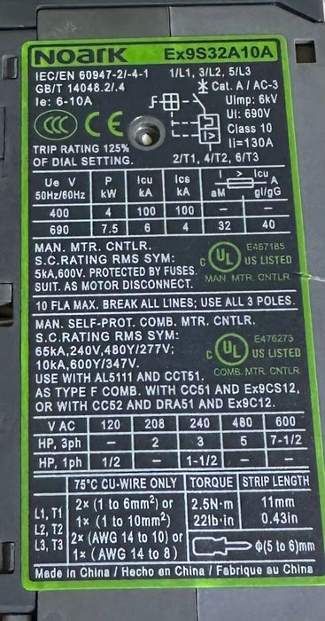 NOARK EX9S32A10A MANUAL MOTOR STARTER (UP TO 32A @ 600VAC) Ex9CS12 Ex9S32 AL5111