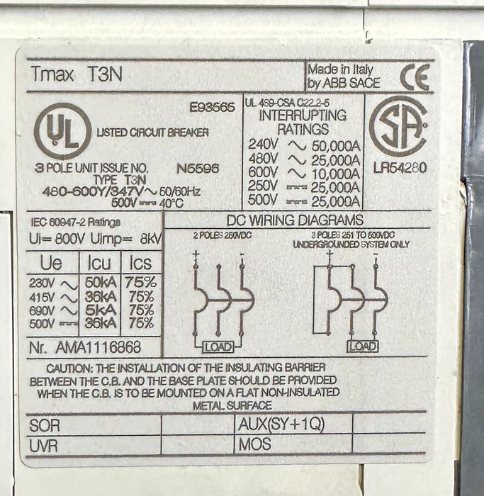 NEW ABB SACE Tmax T3 N 225 CIRCUIT BREAKER 225A 3-POLE T3N225TW 1SDA053566R1