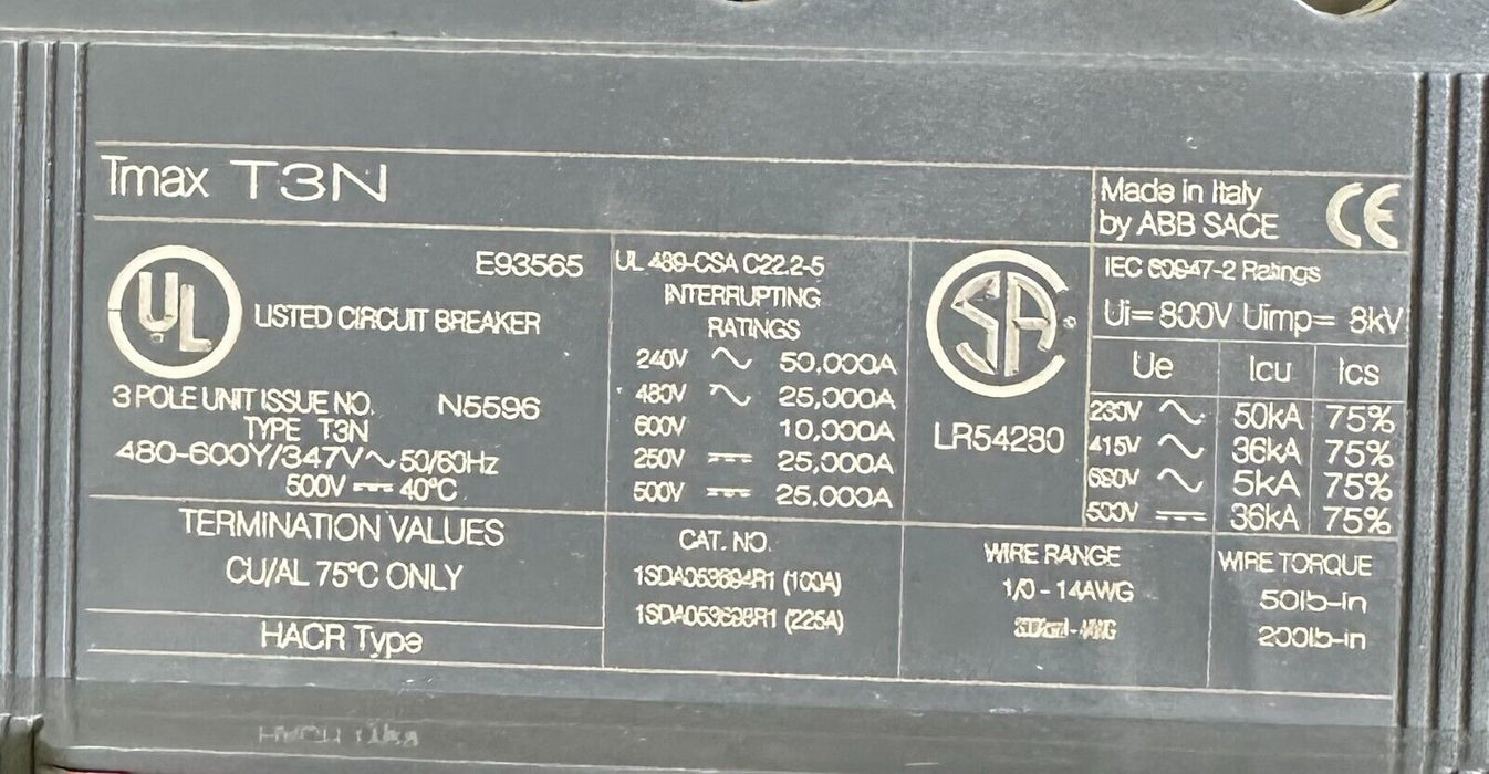 NEW ABB SACE Tmax T3 N 225 CIRCUIT BREAKER 225A 3-POLE T3N225TW 1SDA053566R1