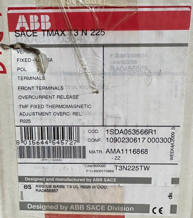 NEW ABB SACE Tmax T3 N 225 CIRCUIT BREAKER 225A 3-POLE T3N225TW 1SDA053566R1