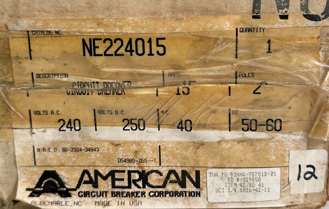 NEW AMERICAN CIRCUIT BREAKER CORP NE224015 CIRCUIT BREAKER 15A 2-POLE 50/60Hz