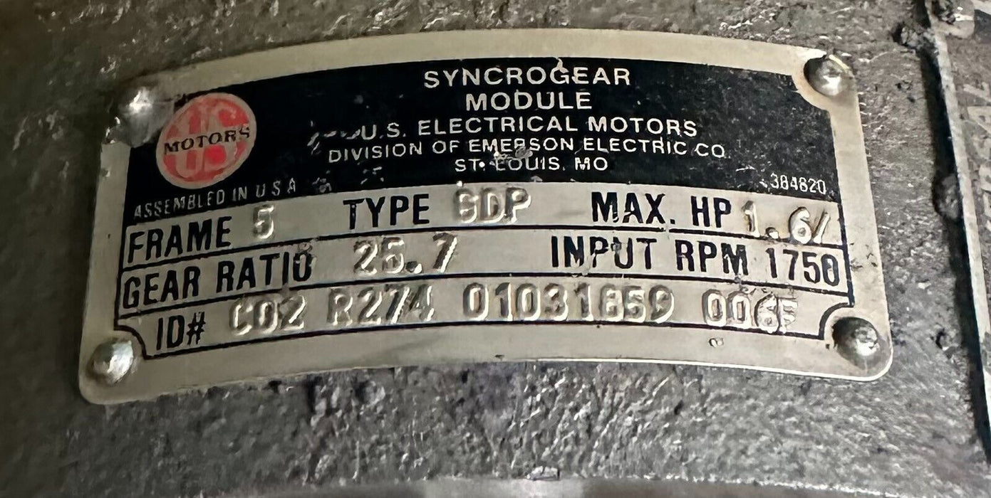 US MOTORS TYPE GDP FRAME 5 SYNCHROGEAR MODULE REDUCER 25.7:1 RATIO 1.6HP