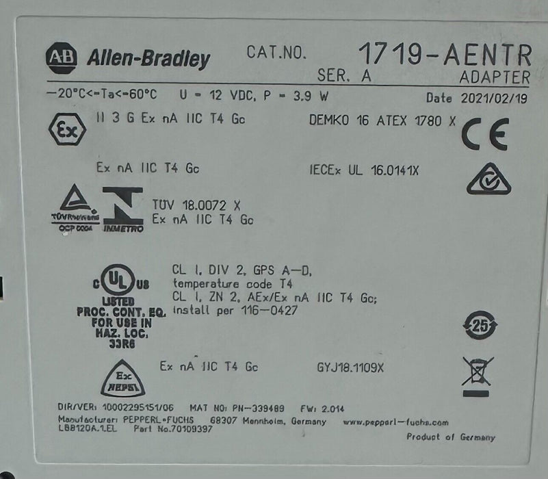 ALLEN BRADLEY 1719-AENTR /A EX I/O INTRINSICAL EtherNet/IP ADAPTER 1719AENTR NNB