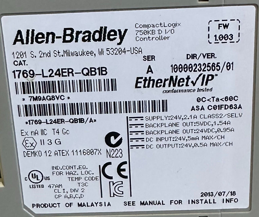 ALLEN BRADLEY 1769-L24ER-QB1B /A CompactLogix 750KB DI/O ENet/IP 1769L24ERQB1B