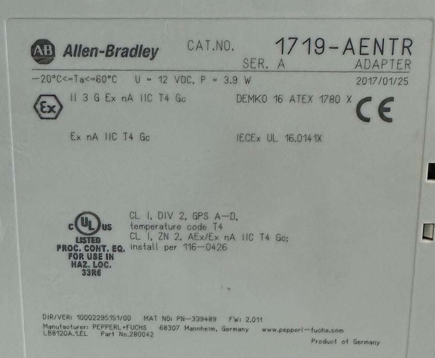 ALLEN BRADLEY 1719-AENTR /A EX I/O INTRINSICAL EtherNet/IP ADAPTER 1719AENTR *