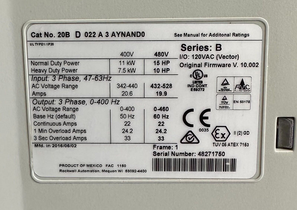 ALLEN BRADLEY 20BD022A3AYNAND0 /B PowerFlex 700 AC DRIVE 11kW/15HP 480V 10.002