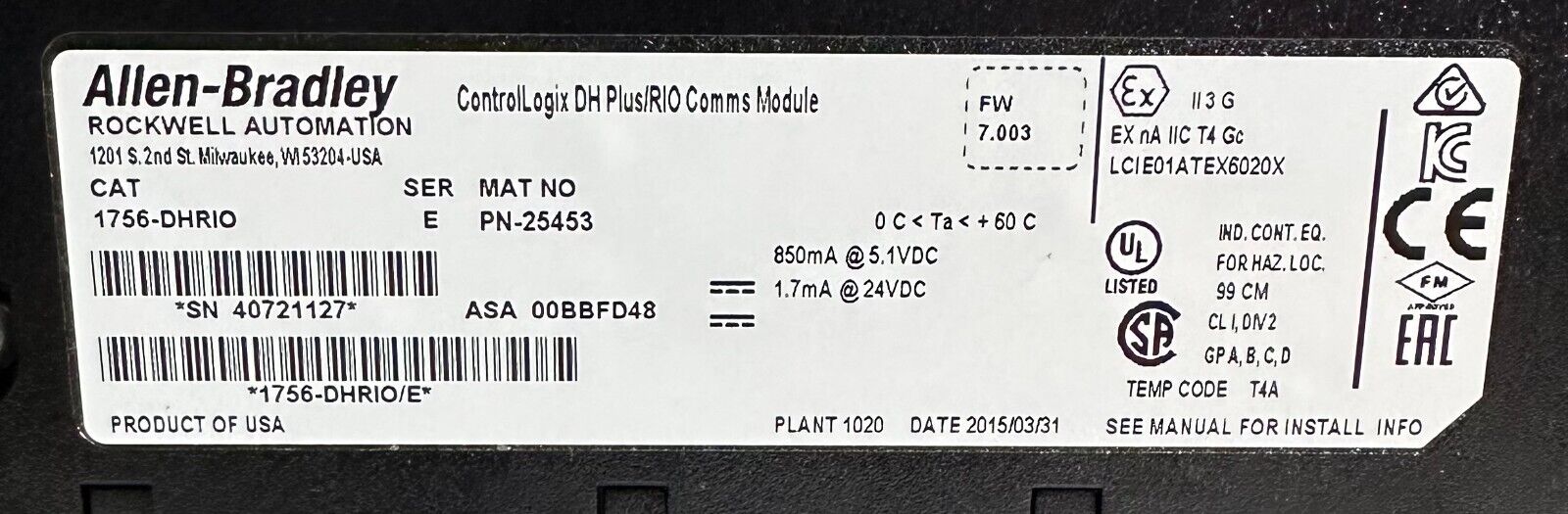 ALLEN BRADLEY 1756-DHRIO /E ControlLogix DH Plus/RIO COMMS MODULE 1756DHRIO