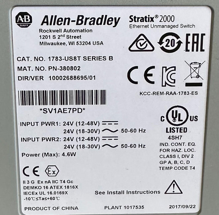 ALLEN BRADLEY 1783-US8T /B Stratix 2000 8-PORT EtherNet UNMANAGED SWITCH 50/60Hz