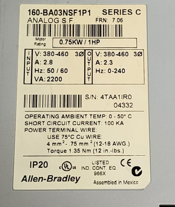 ALLEN BRADLEY 160-BA03NSF1P1 SER. C VARIABLE SPEED DRIVE 0.75KW/1HP