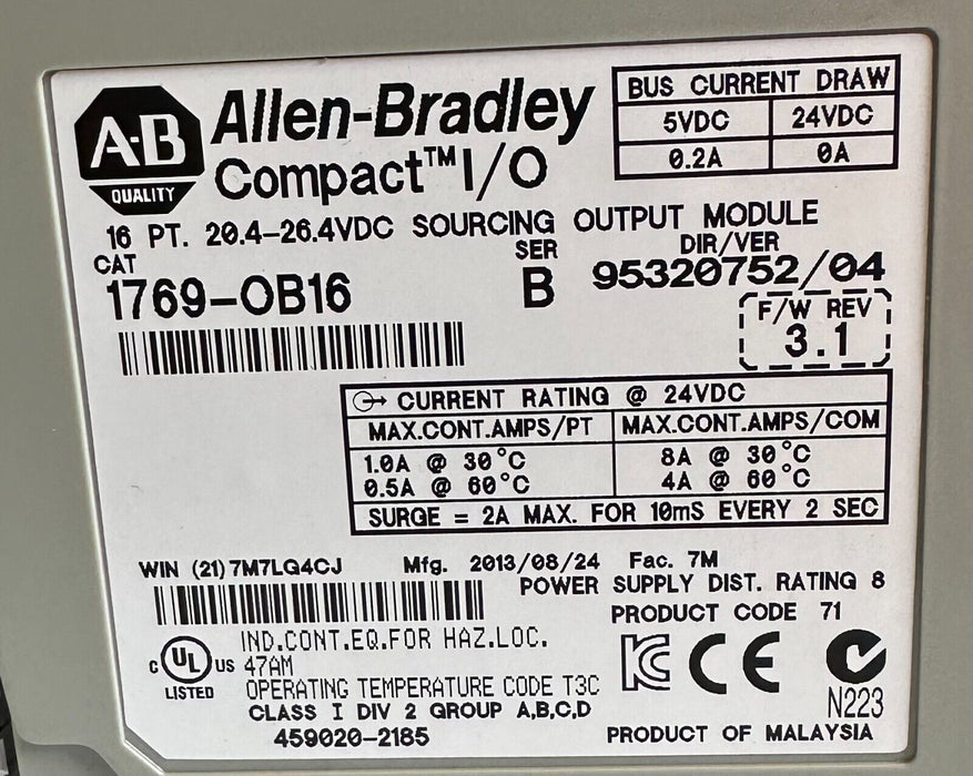 ALLEN BRADLEY 1769-OB16 /B Compact I/O 16-PT SOURCING OUTPUT MODULE 1769OB16