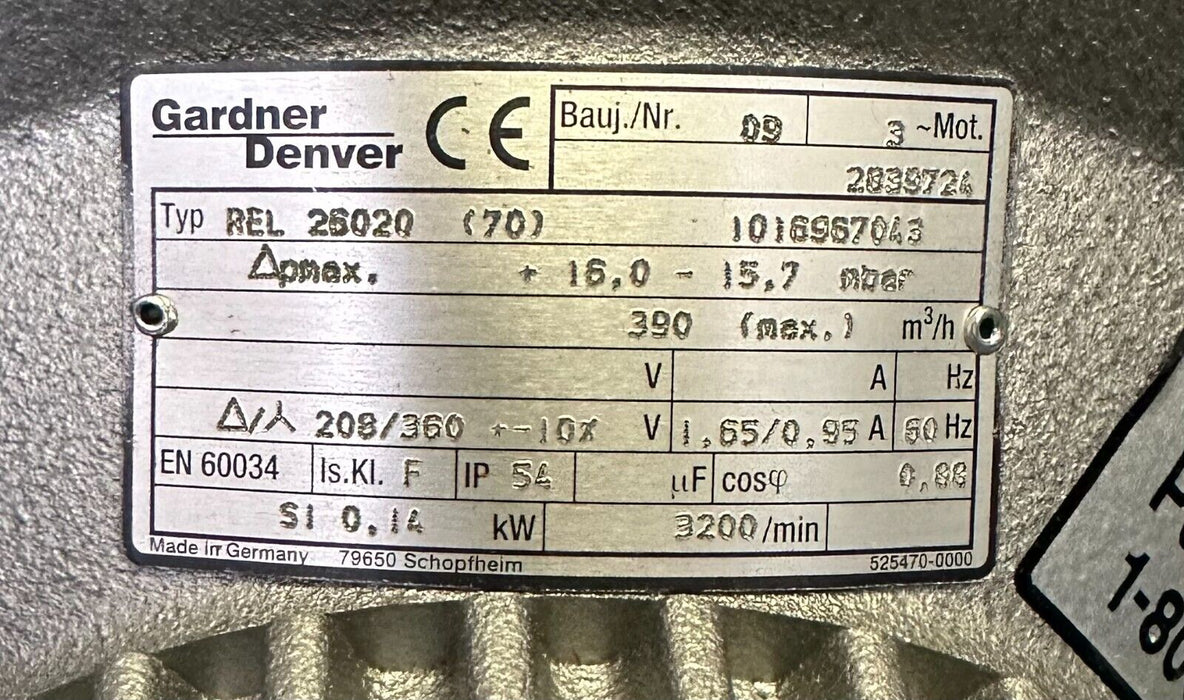 NEW GARDNER DENVER REL 26020 (70) VACUUM PUMP/BLOWER ASSEMBLY 1016967043 2831396