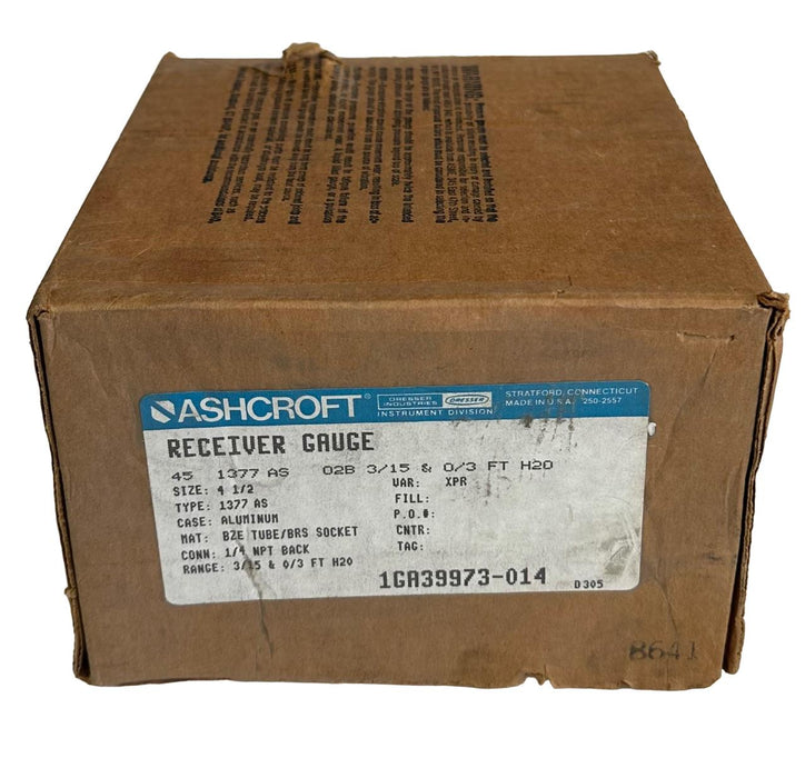 NEW ASHCROFT 45 1377 AS 02B 3/15 & 0/3 FT H20 RECEIVER GAUGE 1GA39973-014