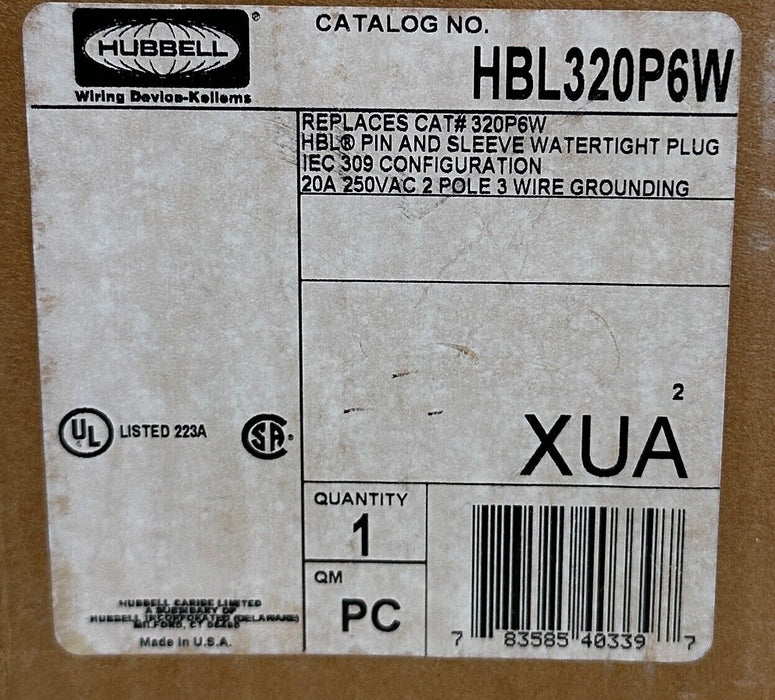 NEW HUBBELL HBL320P6W / 320P6W HBL PIN AND SLEEVE WATERTIGHT PLUG IEC 309 250Vac