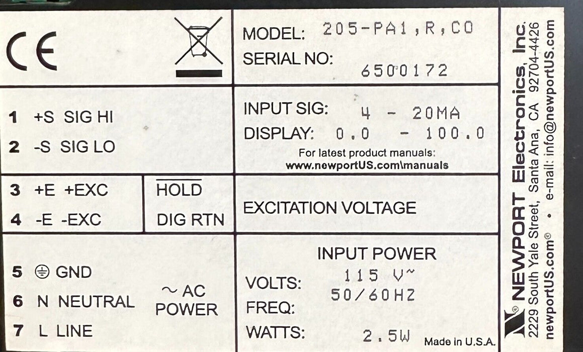 NEW NEWPORT ELECTRONICS 205-PA1-R-C0 / 205-PA1-R-CO PANEL PROCESS METER 115V