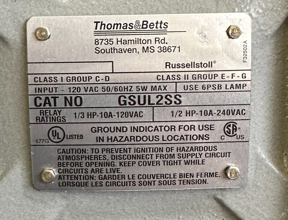NEW THOMAS & BETTS / Russellstoll GSUL2SS GSUL SERIES SAFE GROUND INDICATOR 120V