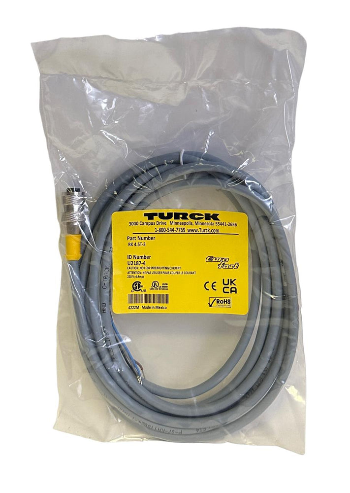 NEW TURCK RK 4.5T-3 / RK45T3 EURO M12 SINGLE-ENDED CORDSET 3M U2187-4 / U21874