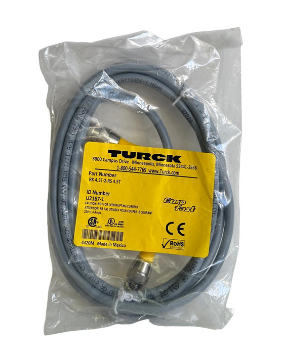 NEW TURCK RK 4.5T-2-RS 4.5T / RK45T2RS45T M12 EURO CORDSET 2M U2187-1 / U21871
