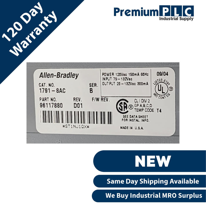 NEW ALLEN BRADLEY 1791-8AC /B AC BLOCK I/O MODULE 8IN/8OUT REV. D01 96117880