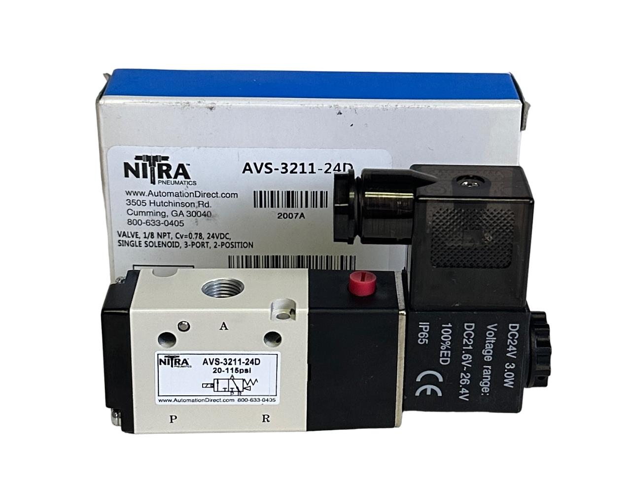 NEW AUTOMATION DIRECT NITRA AVS-3211-24D / AVS321124D 3-PORT SOLENOID VALVE 24V