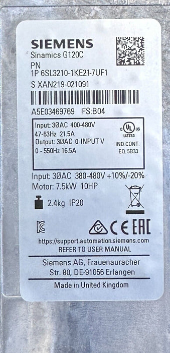 NEW SIEMENS 6SL3210-1KE21-7UF1 SINAMICS G120C FREQUENCY CONVERTER 7.5kW/10HP