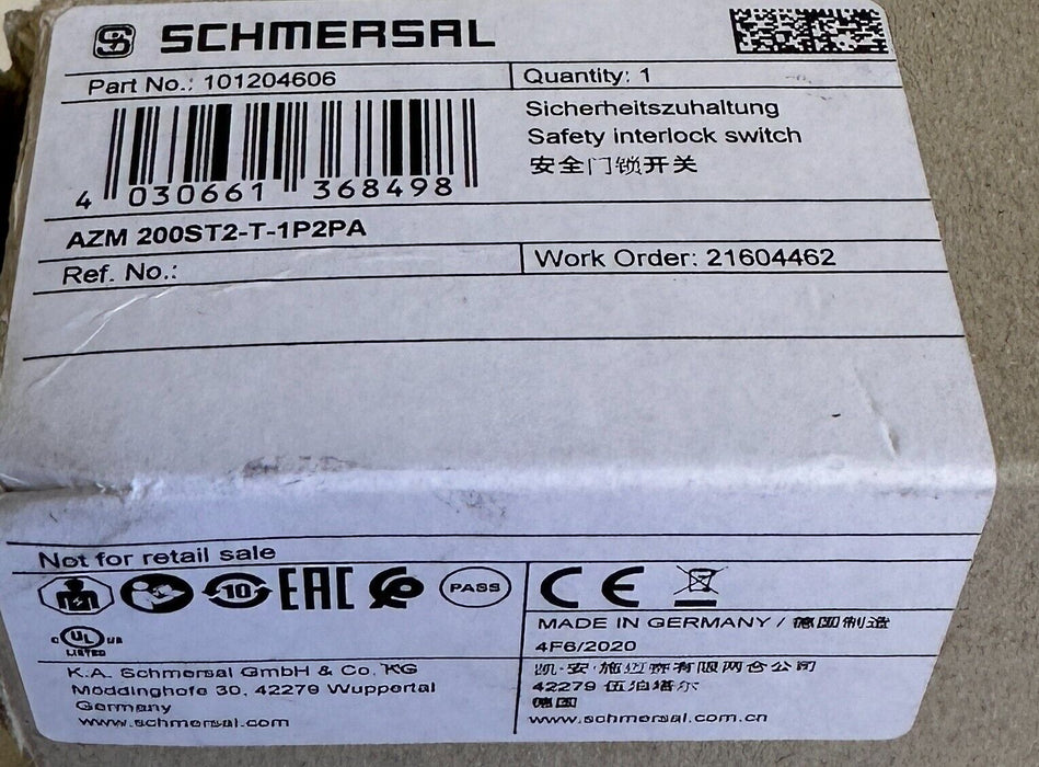 NEW SCHMERSAL AZM 200ST2-T-1P2PA SAFETY INTERLOCK SWITCH 24VDC 1.2A 101204606