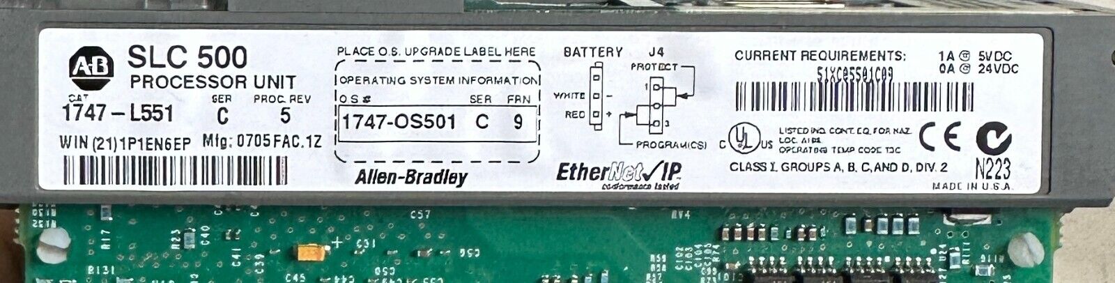 ALLEN BRADLEY 1747-L551 /C SLC 500 PROCESSOR MODULE 5/05 16K EtherNet 1747L551