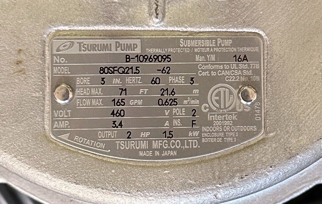NEW TSURUMI PUMP 80SFQ21.5 / 80SFQ21.5-62 SFQ 316 SS 3'' SUBMERSIBLE PUMP 2HP