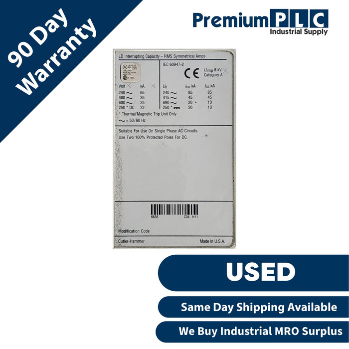 CUTLER-HAMMER LD3500 (6613C98G02) 3P 500A LD35k CIRCUIT BREAKER W/LT3500T TRIP