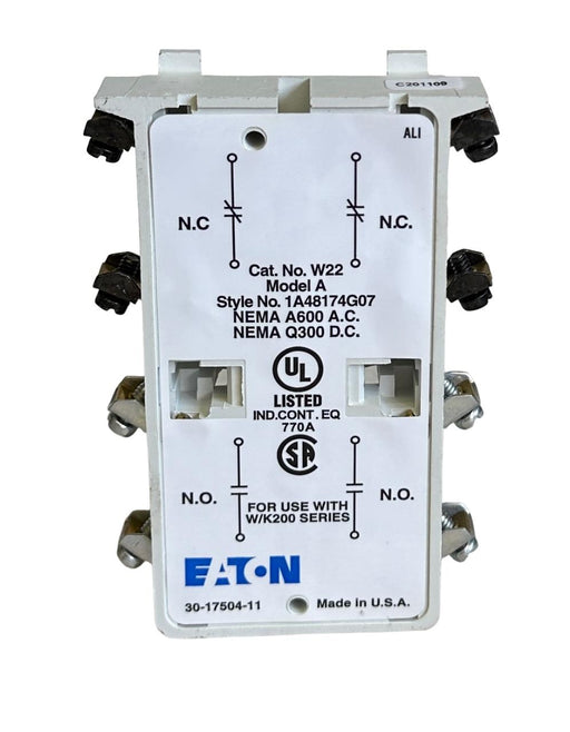 NEW EATON W22 / 1A48174G07 AUXILIARY CONTACT KIT 2NO & 2NC SCREW TERMINAL