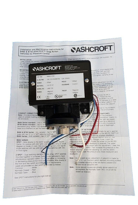 NIB ASHCROFT B464SXFM PRESSURE SWITCH B464S XFM RANGE: 200PSI