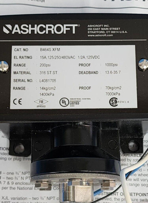 NIB ASHCROFT B464SXFM PRESSURE SWITCH B464S XFM RANGE: 200PSI