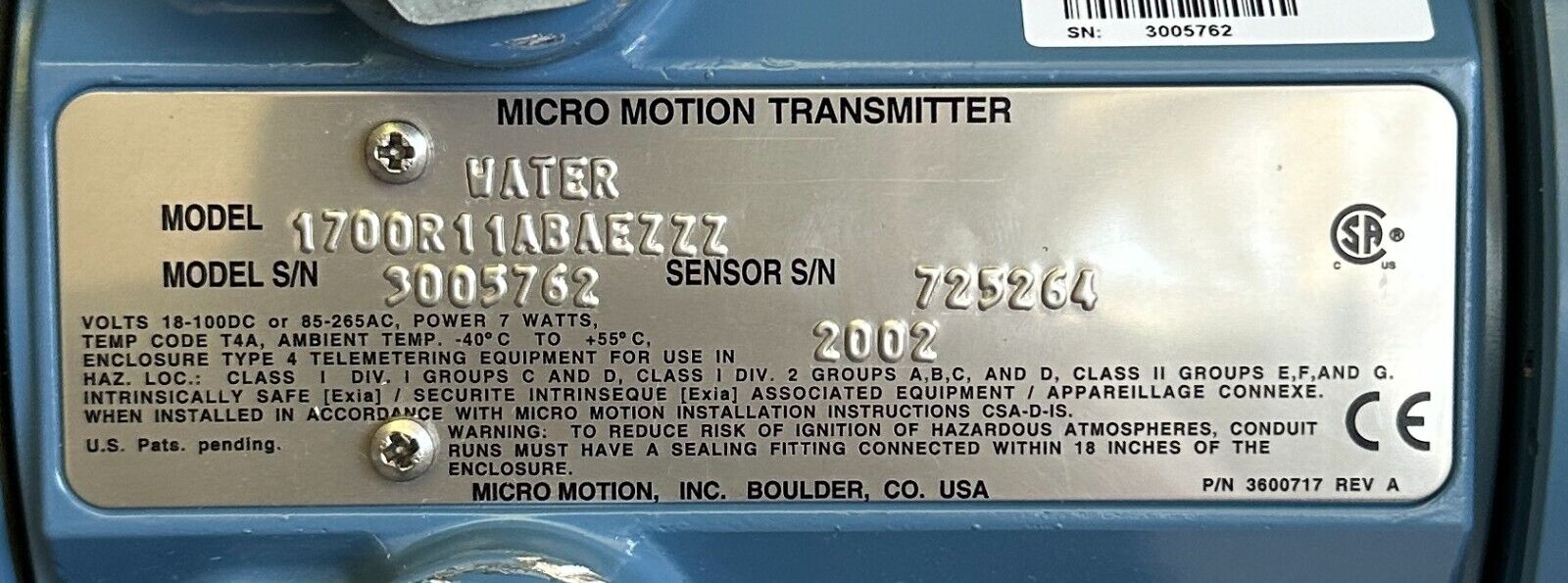 MICRO MOTION 1700R11ABAEZZZ WATER SINGLE VARIABLE SMART TRANSMITTER 3600734 1700