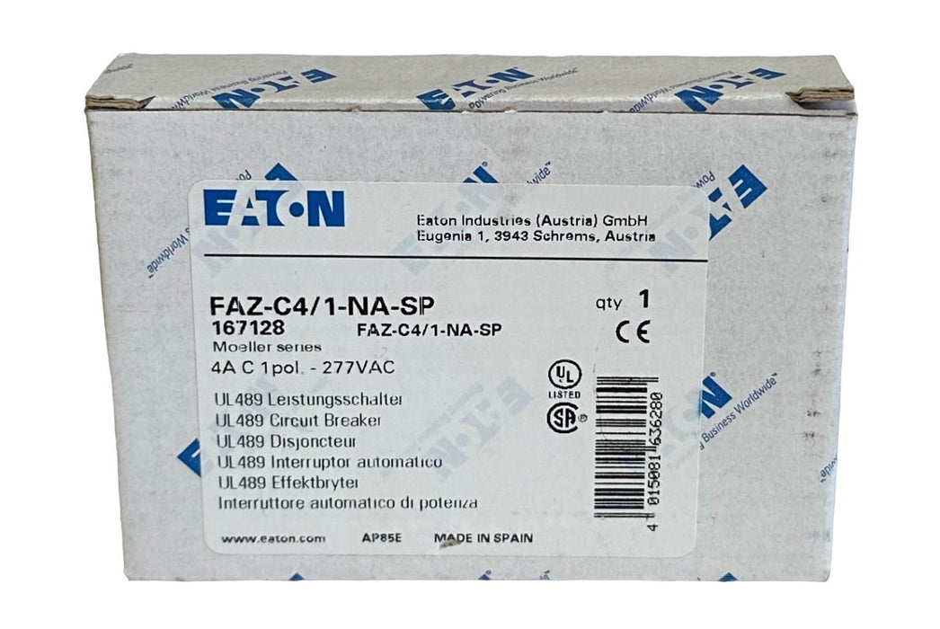 NEW EATON FAZ-C4/1-NA-SP / 167128 MOELLER SERIES 4A CIRCUIT BREAKER 1P 277VAC