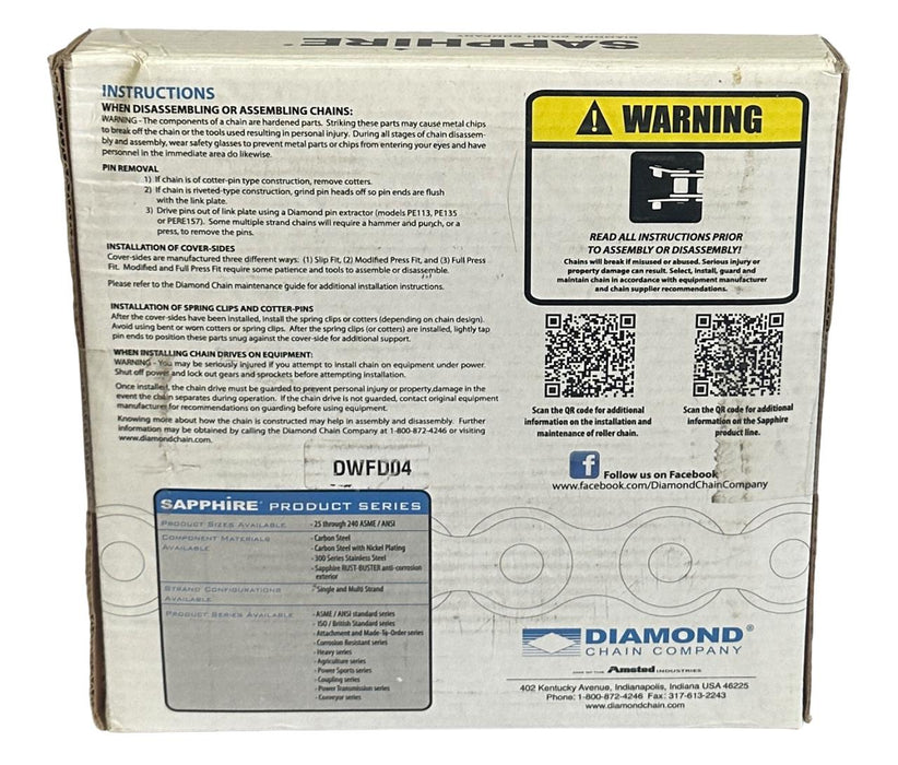 NEW DIAMOND S-08B-2R-10FT / S08B2R10FT SAPPHIRE ROLLER CHAIN 10FT S-08B-2R RIV