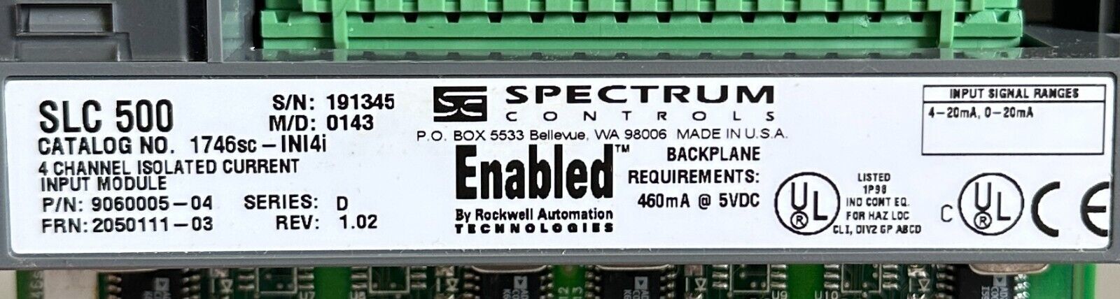 SPECTRUM CONTROLS AB 1746SC-INI4i /D SLC 500 4-CH ISOLATED ANALOG INPUT NSNP