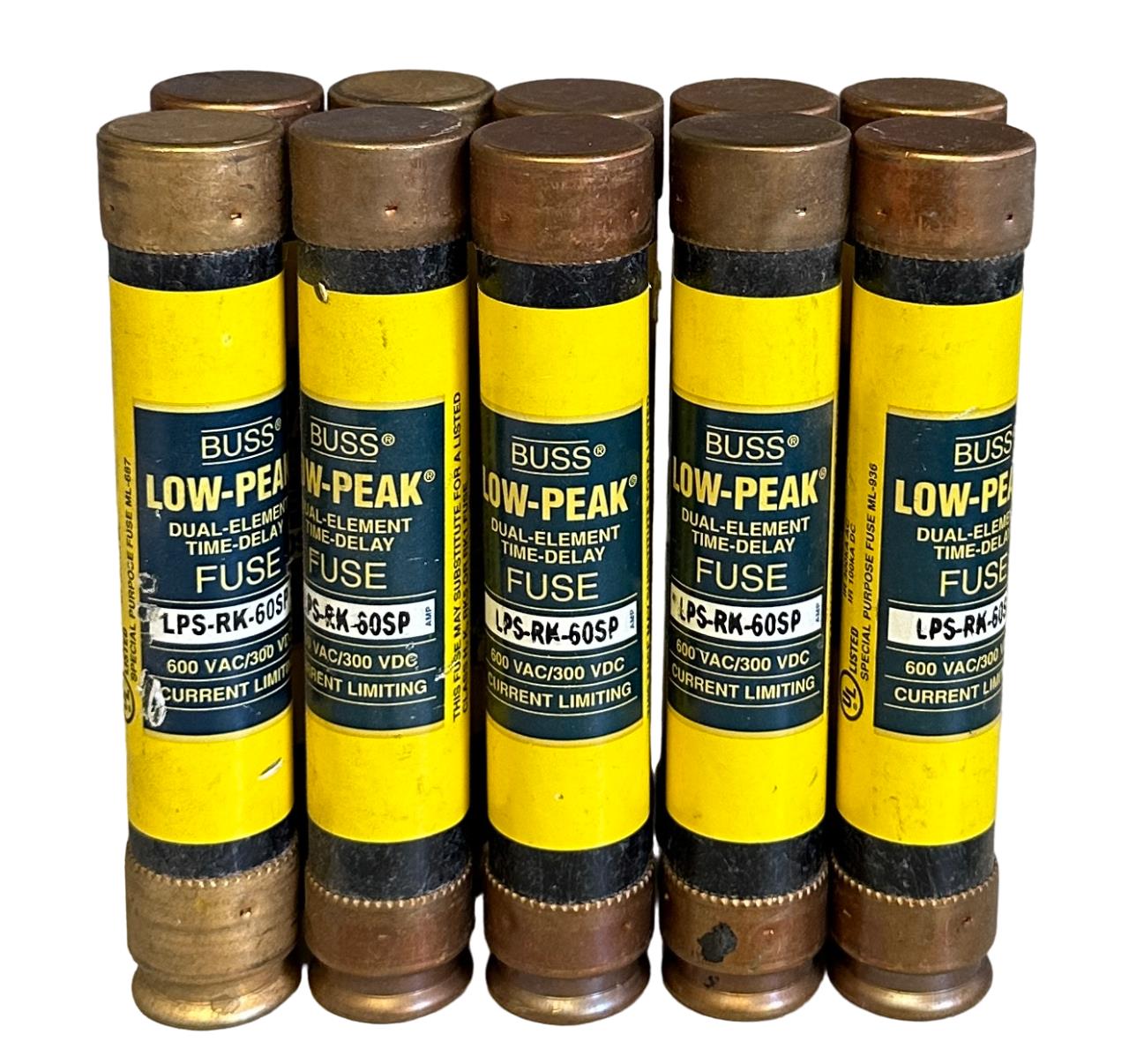10 NEW BUSS LPS-RK-60SP / LPSRK60SP DUAL-ELEMENT TIME-DELAY FUSES 600VAC/300VDC