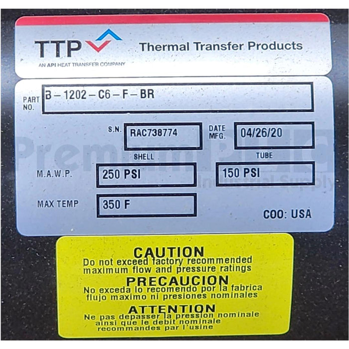 NEW TTP THERMAL TRANSFER PRODUCTS B-1202-C6-F-BR HEAT EXCHANGER 6"X18" TUBE NSMP