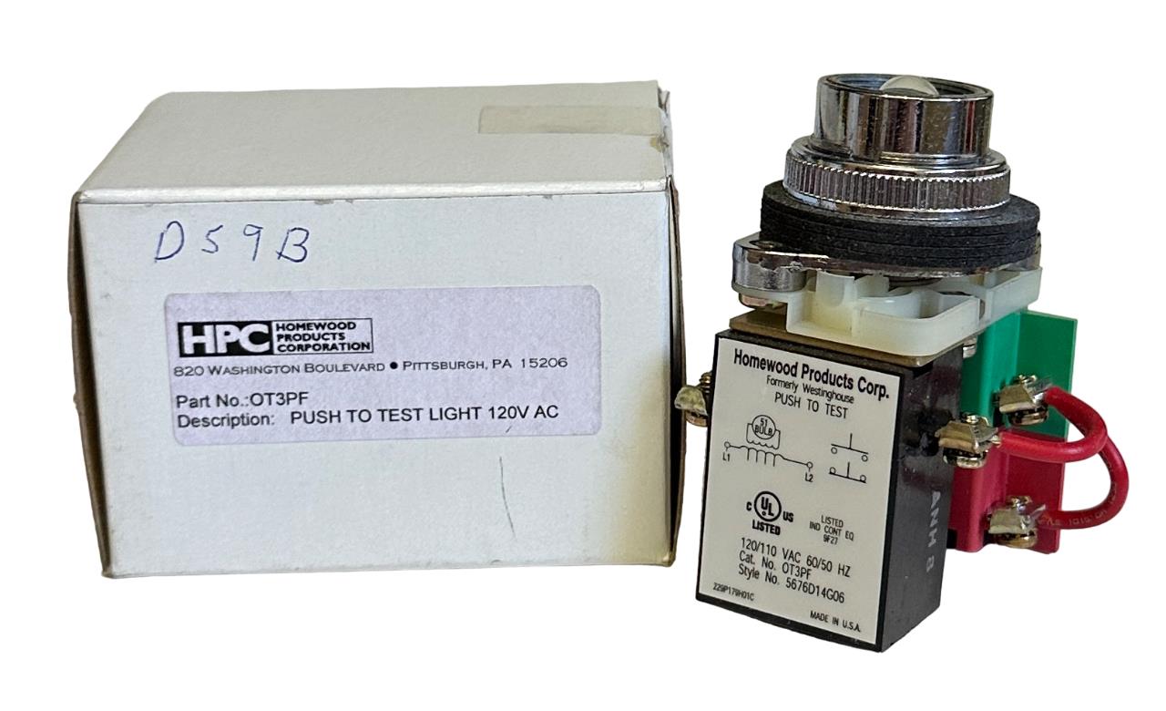 NEW WESTINGHOUSE HPC OT3PF PUSH TO TEST LIGHT 120VAC PUSHBUTTON 30mm 60Hz