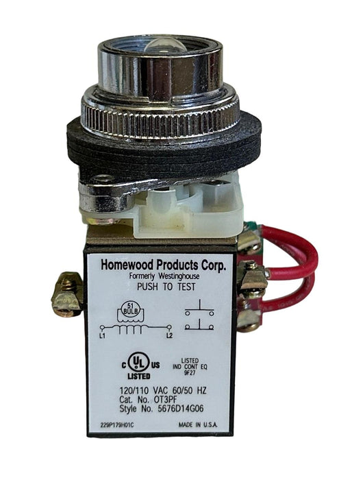 NEW WESTINGHOUSE HPC OT3PF PUSH TO TEST LIGHT 120VAC PUSHBUTTON 30mm 60Hz