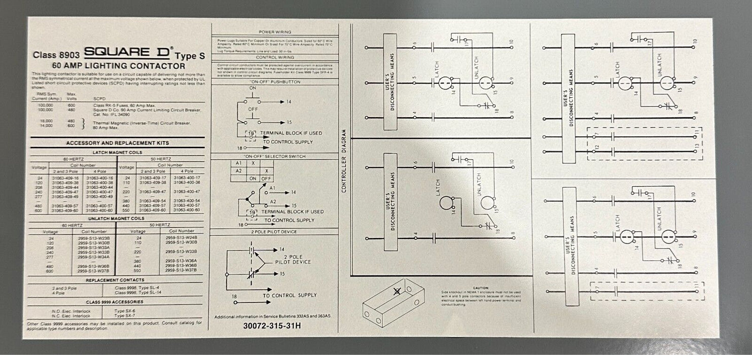 NEW SQUARE D 8903SPF13V02 LIGHTING CONTACTOR 60A TYPE S ENCLOSURE SER. A NSMP
