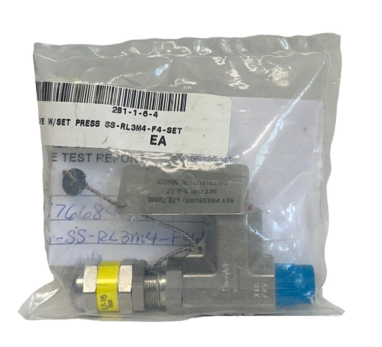 NEW SWAGELOK SS-RL3M4-F4 / SSRL3M4F4 RELIEF VALVE W/ SET 125.2PSIG 316SS NSMP